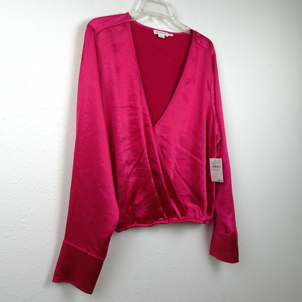 Good American V-Neck Top Women's Size 2XL Pink Satin Wrap Long Sleeve - Picture 4 of 11
